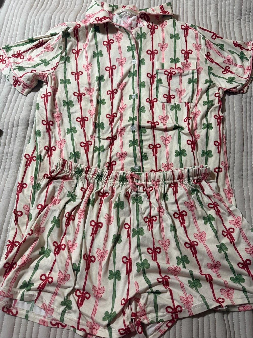 Striped Bow Short PJ Set - Cream with Pink & Green